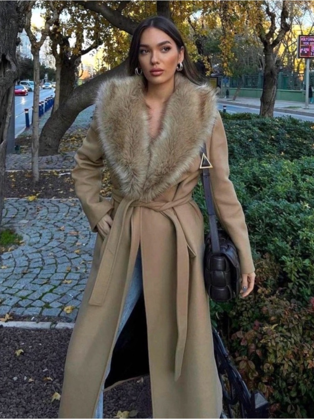 ZARA FAUX FUR COLLAR BELTED WOOL LONG COAT TAN MINK CAMEL XL BLOGGER FAVORITE